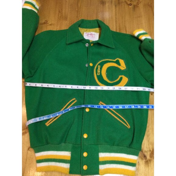 Vintage Hutchers Mens Letterman Jacket Sz M Green Yellow Wool Blend Band C Patch - Picture 8 of 13